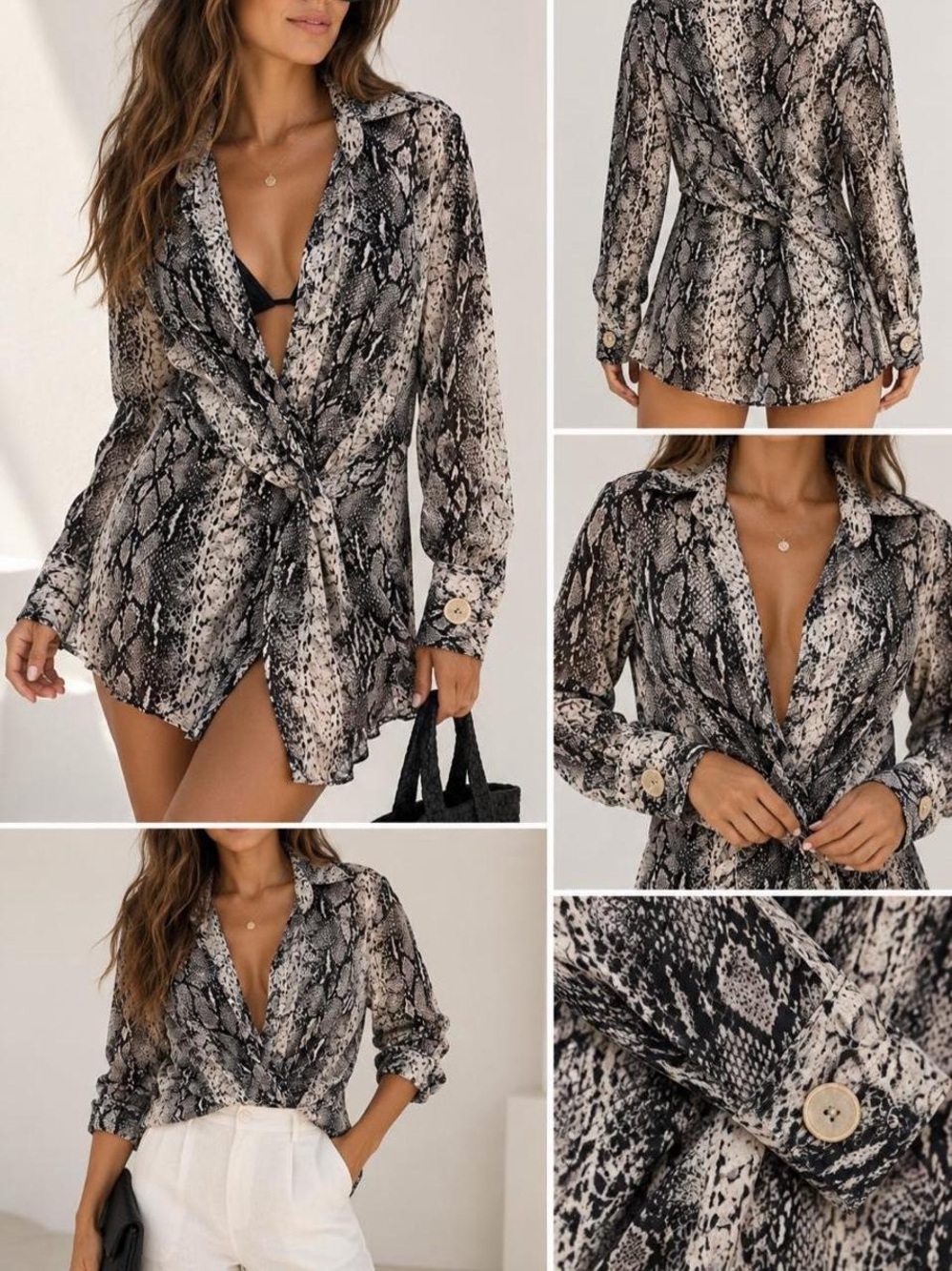 Snake Print Button-Front Shirt Dress in Black & Cream
